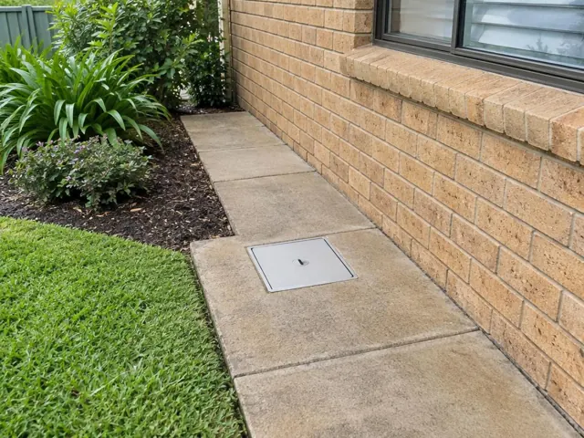 Flush capped access cover set in a paved side path beside a brick house in Westleigh