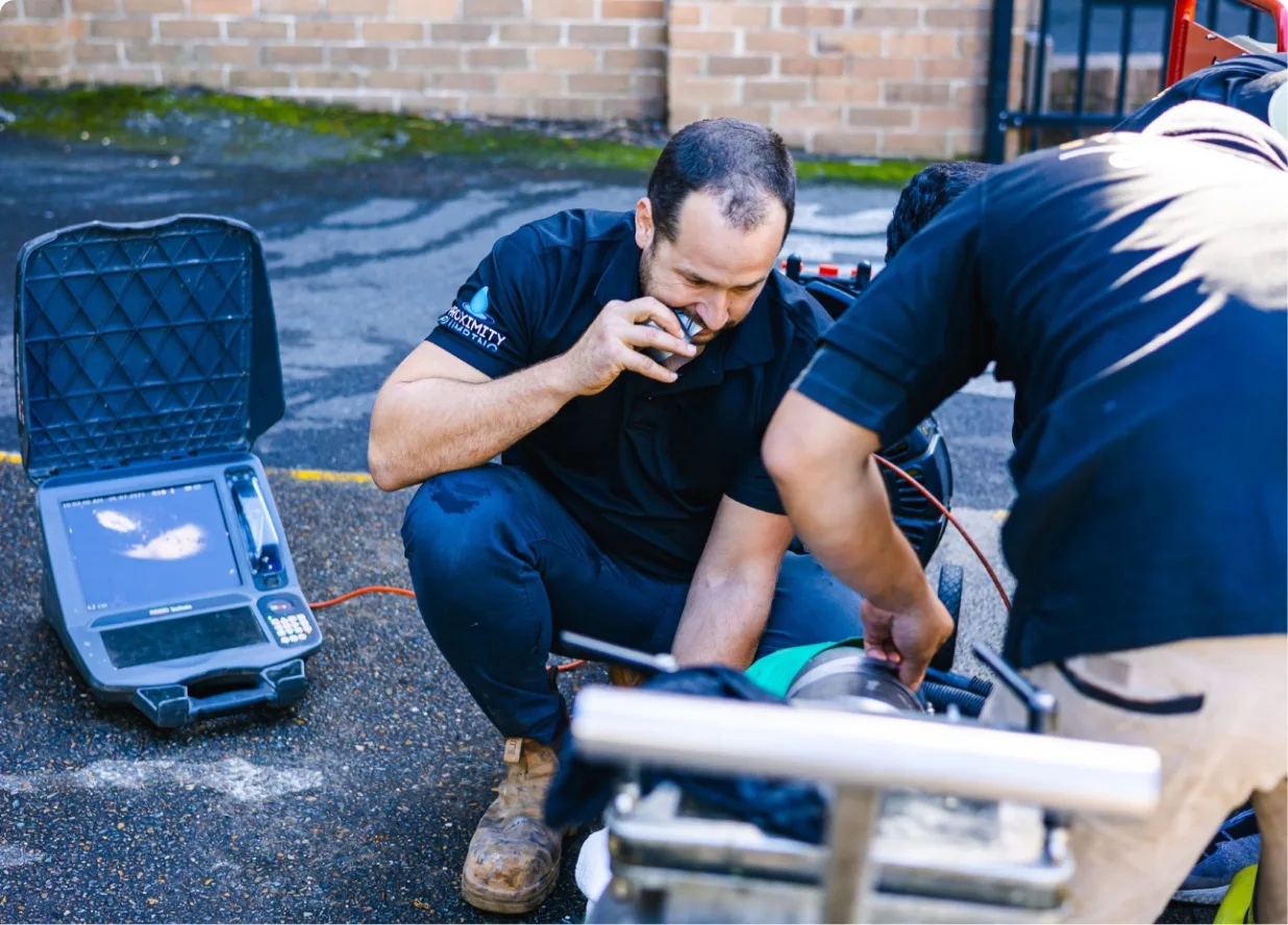 Drain technicians running a CCTV camera inspection from the street