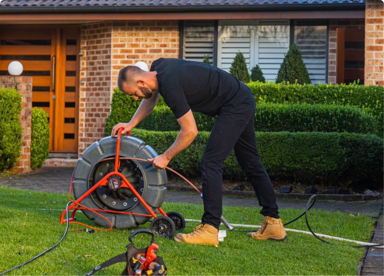 Setting up the drain camera and jetting reel on a front lawn