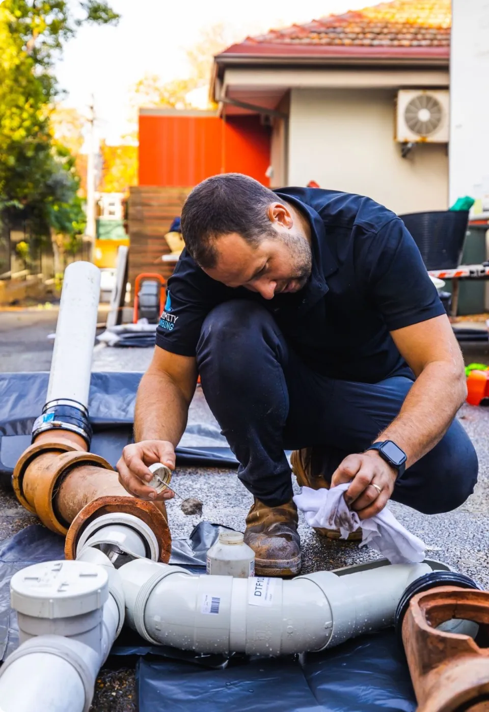 Assembling new drain pipe fittings before installation