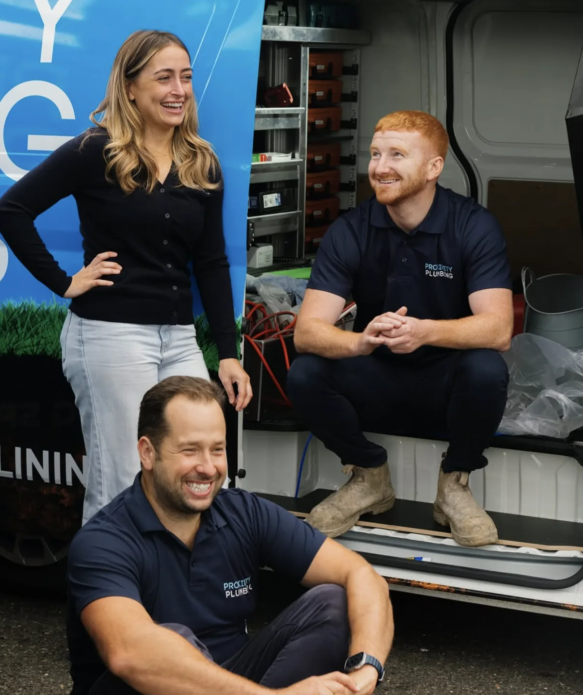 The pipe relining crew in the back of the van